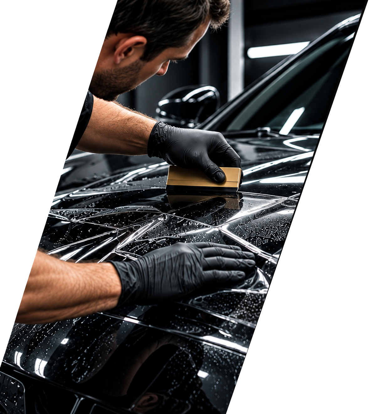 Técnico instalando película de protección sobre un carro negro